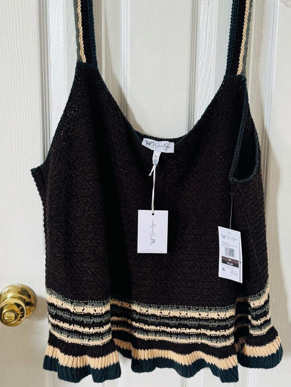 Black Knit Strappy Tank with Striped Hem - Women Tops